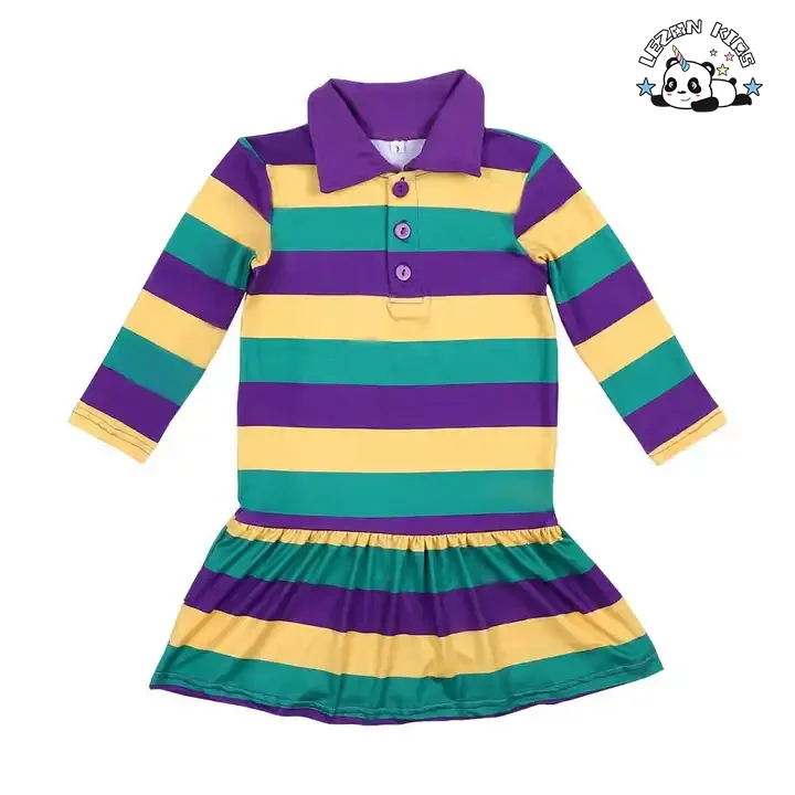 LEZONKIDS - Vestidos de Meninas Personalizáveis para Festa com Listras Roxas, Verdes e Douradas de Manga Longa para Mardi Gras da Primavera